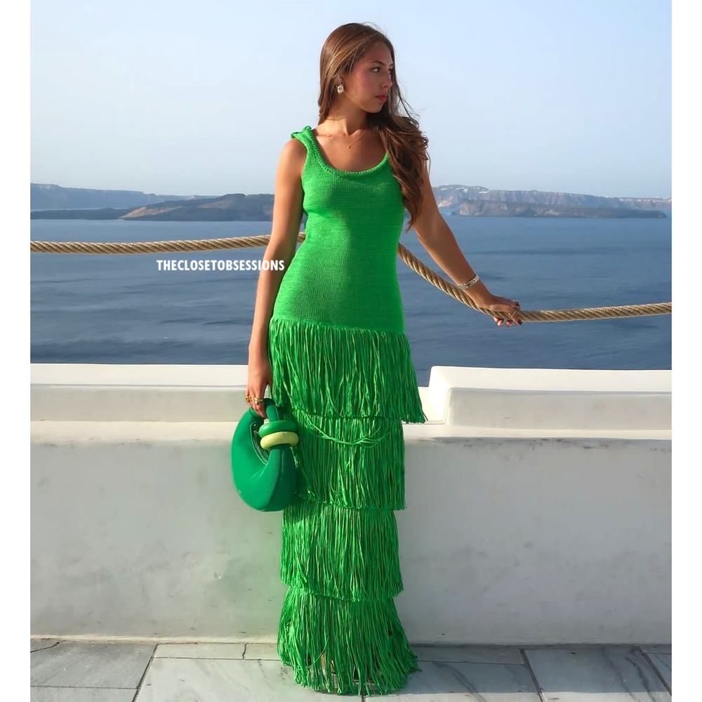 Mango Bright Green Tiered Fringe Maxi Dress - Picture 8 of 16